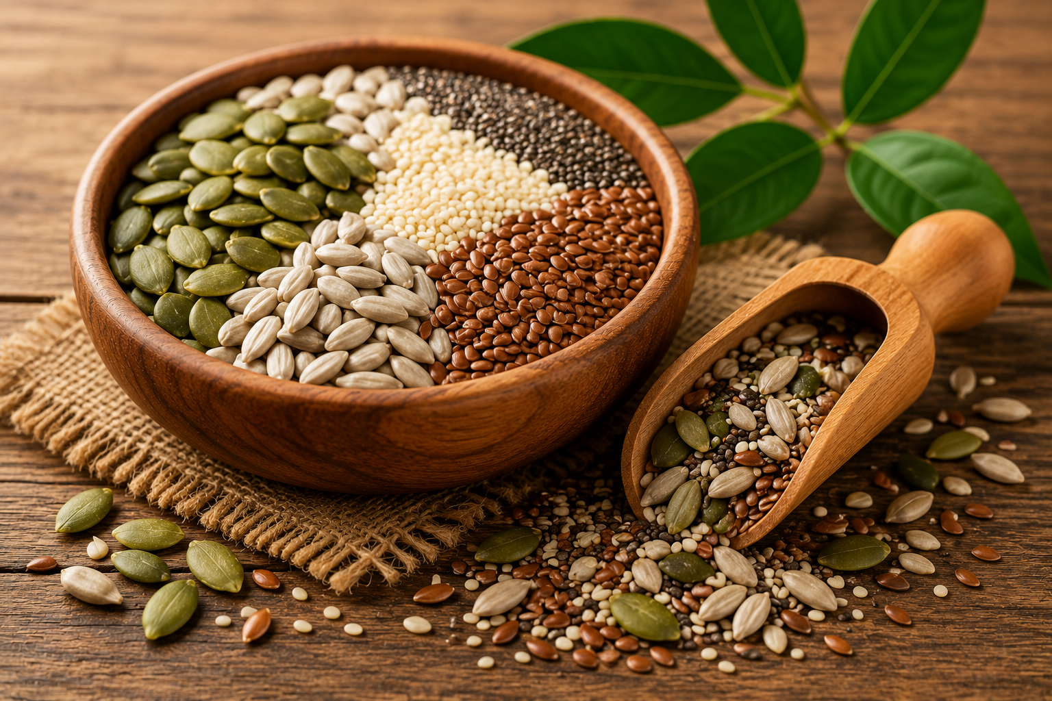 Pumpkin, chia, flax and sesame seeds in a wooden bowl